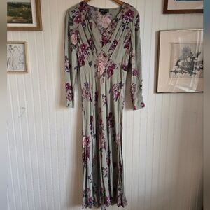 Carole Little Vintage 90's Sage Green Floral V-Neck A-line Maxi Dress